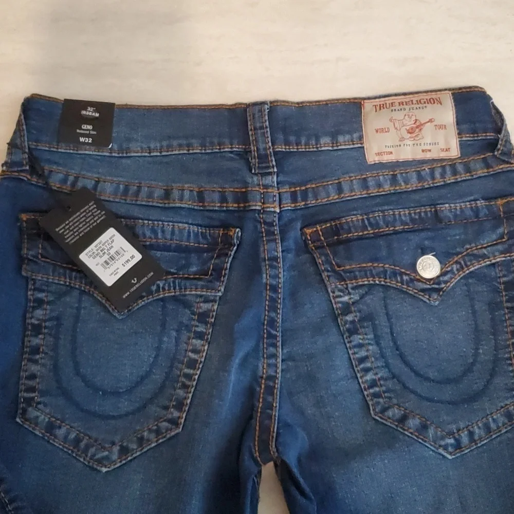 True Religion Geno Jeans 32x32 Relaxed Slim Dark Roper Wash Big‎ T Flap pocket